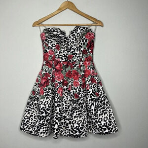 Teeze Me Leopard Rose Floral Mini Strapless Dress Homecoming Prom Y2K Sz 3 / 4